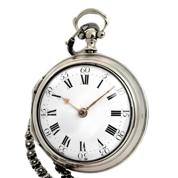 English watch with florally decorated silver watch chain Circa 1768
