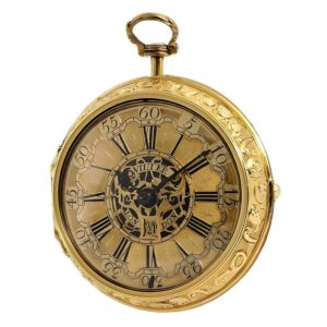 English pocket watch with date and repoussé case Circa 1730