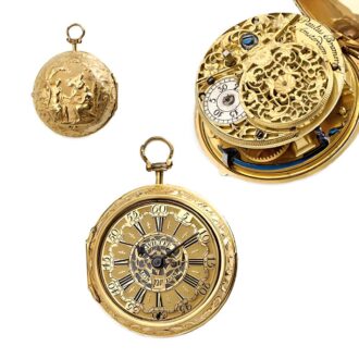 English pocket watch with date and repoussé case Circa 1730 English pocket watch with date and repoussé case Circa 1730