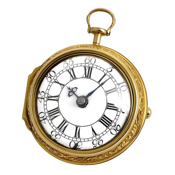 English verge watch in gold repoussé pair cases Circa 1737 English verge watch in gold repoussé pair cases Circa 1737
