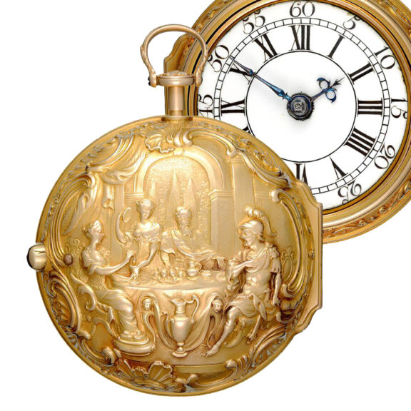 English verge watch in gold repoussé pair cases Circa 1737 English verge watch in gold repoussé pair cases Circa 1737