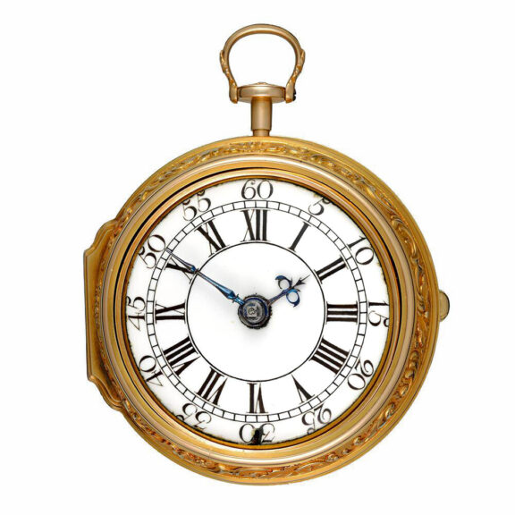 English verge watch in gold repoussé pair cases Circa 1737 English verge watch in gold repoussé pair cases Circa 1737