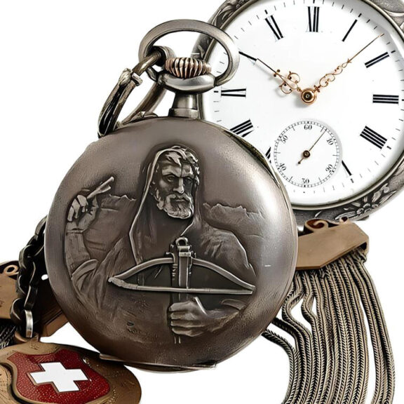 Swiss commemoration watch with chatelaine Circa 1910 Swiss commemoration watch with chatelaine Circa 1910