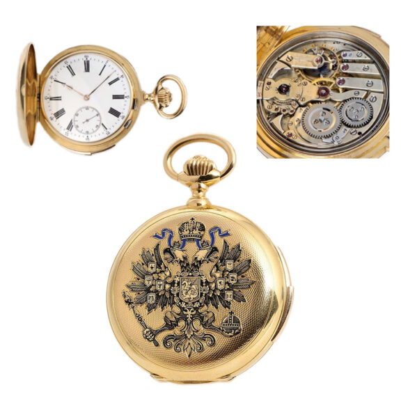 Russian gold hunting minute repeating pocket watch Circa 1890 Russian gold hunting minute repeating pocket watch Circa 1890