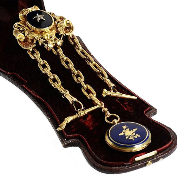 French small gold enamel watch with chatelaine Circa 1830