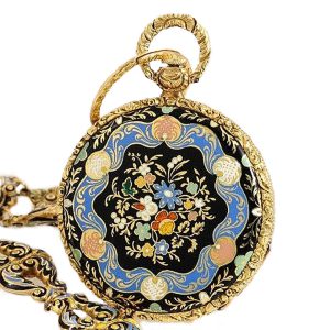 Swiss gold enamel watch with corresponding necklace Circa 1820