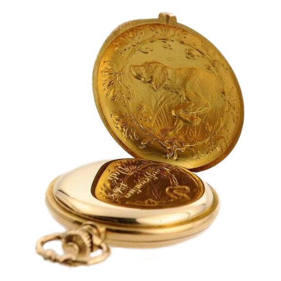 German gold Glashütte pocket with hunting scenes Circa 1903 German gold Glashütte pocket with hunting scenes Circa 1903