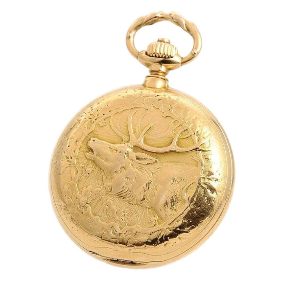 German gold Glashütte pocket with hunting scenes Circa 1903 German gold Glashütte pocket with hunting scenes Circa 1903