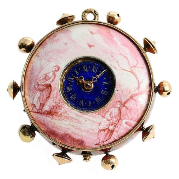 Swiss tambourine-form watch with musical movement Circa 1820