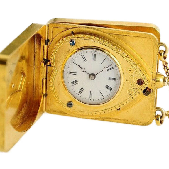 Swiss gold and enamel purse form cylinder watch Circa 1840 Swiss gold and enamel purse form cylinder watch Circa 1840