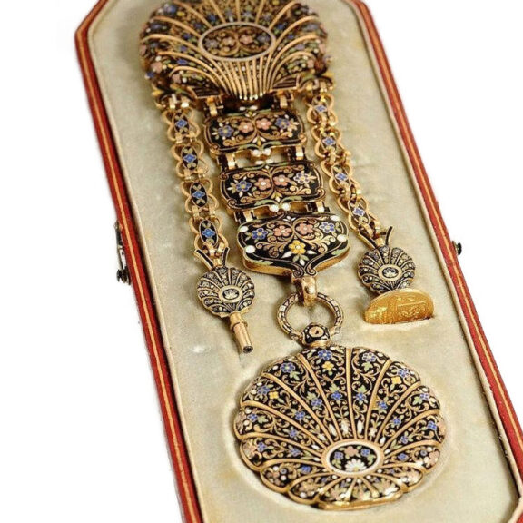French gold enamel watch with matching chatelaine Circa 1820 French gold enamel watch with matching chatelaine Circa 1820