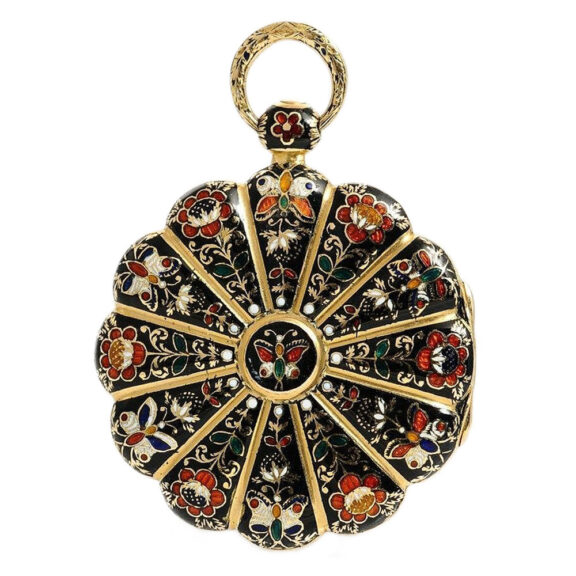 Swiss thin gold enamel floral decorated pocket watch Circa 1830 Swiss thin gold enamel floral decorated pocket watch Circa 1830