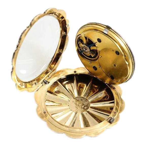 Swiss thin gold enamel floral decorated pocket watch Circa 1830 Swiss thin gold enamel floral decorated pocket watch Circa 1830