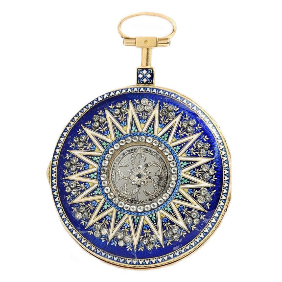 Swiss gold enamel pocket with visible balance Circa 1790