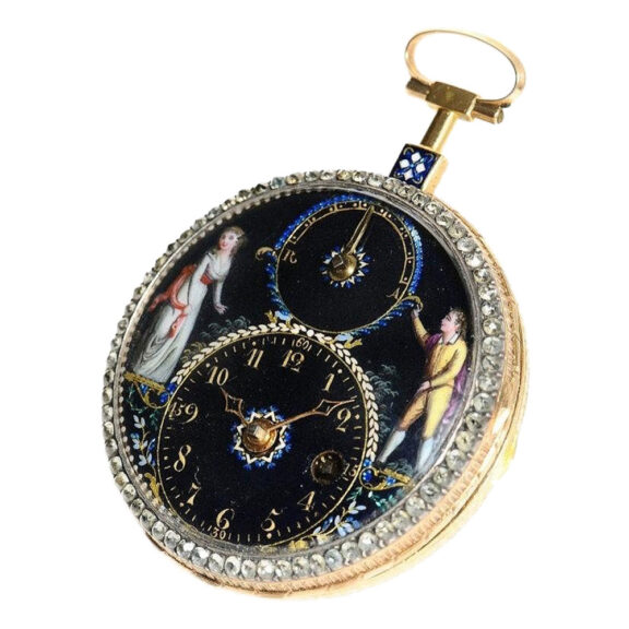 Swiss gold enamel pocket with visible balance Circa 1790 Swiss gold enamel pocket with visible balance Circa 1790