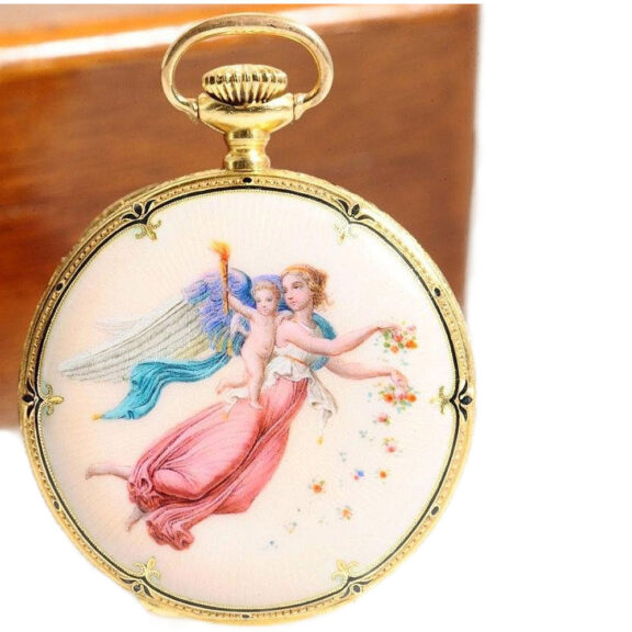 Swiss lady's extremely rare gold enamel pocket watch Circa 1893 Swiss lady's extremely rare gold enamel pocket watch Circa 1893