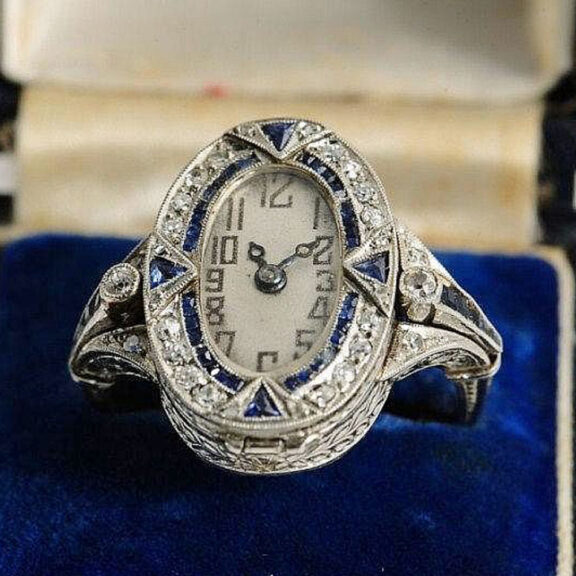 Swiss diamond-set and sapphire-set ring watch Circa 1910