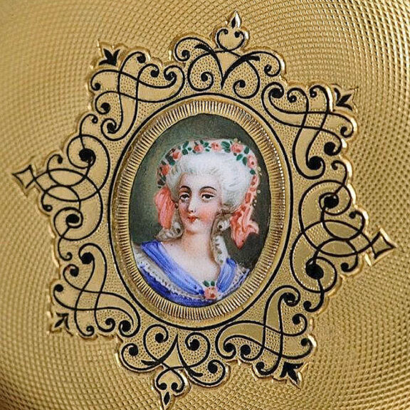 Swiss gold enamel hunting cased watch with portrait Circa 1868 Swiss gold enamel hunting cased watch with portrait Circa 1868