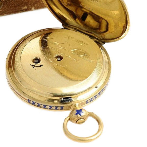 Swiss gold enamel hunting cased watch with portrait Circa 1868 Swiss gold enamel hunting cased watch with portrait Circa 1868