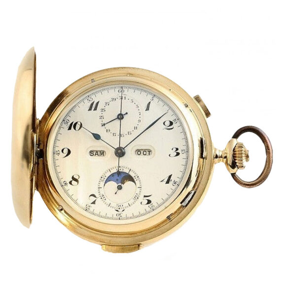 Swiss repeater with chronograph, date and moon phase Circa 1900