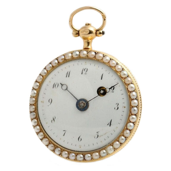 French half pearl-set miniature gold enamel watch Circa 1810 French half pearl-set miniature gold enamel watch Circa 1810
