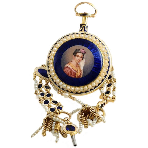 English gold enamel watch with a matching chatelaine Circa 1790