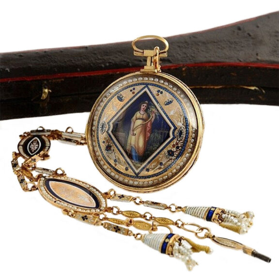 Swiss rare diamond and split pearl-set gold enamel verge Circa 1790 Swiss rare diamond and split pearl-set gold enamel verge Circa 1790