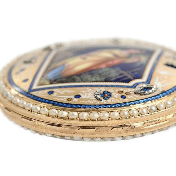 Swiss rare diamond and split pearl-set gold enamel verge Circa 1790 Swiss rare diamond and split pearl-set gold enamel verge Circa 1790