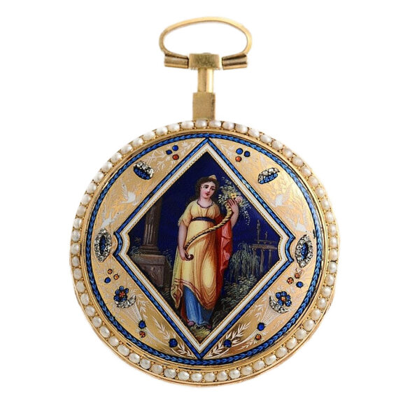 Swiss rare diamond and split pearl-set gold enamel verge Circa 1790
