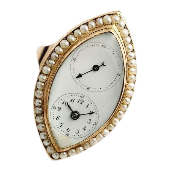Swiss extraordinary half pearl set ring watch with seconds Circa 1800