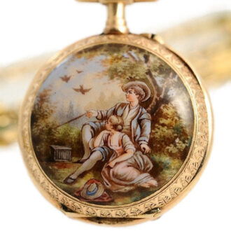 Swiss miniature watch with corresponding watch chain Circa 1890 Swiss miniature watch with corresponding watch chain Circa 1890