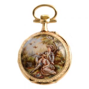 Swiss miniature watch with corresponding watch chain Circa 1890