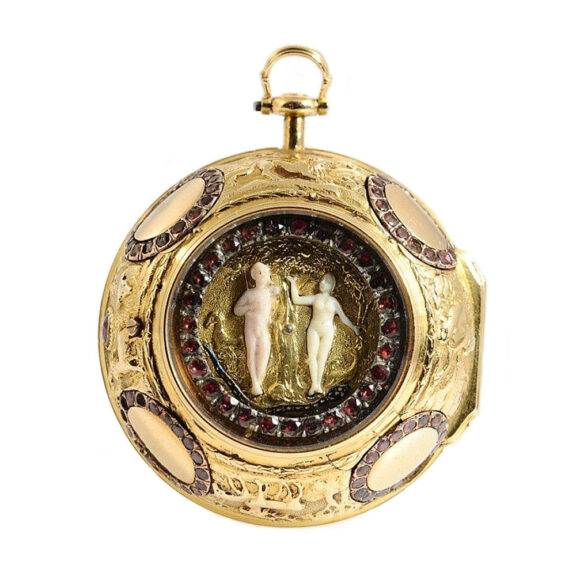 English garnet studded gold Repoussé verge watch Circa 1720