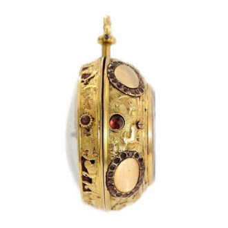 English garnet studded gold Repoussé verge watch Circa 1720