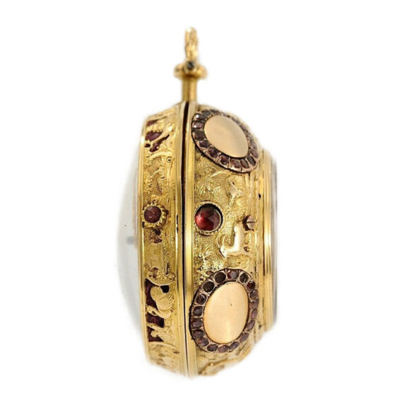 English garnet studded gold Repoussé verge watch Circa 1720 English garnet studded gold Repoussé verge watch Circa 1720