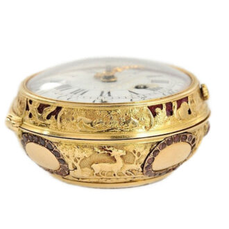 English garnet studded gold Repoussé verge watch Circa 1720