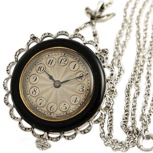 Swiss black enamelled diamond-set pendant watch Circa 1910