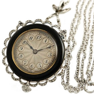 Swiss black enamelled diamond-set pendant watch Circa 1910