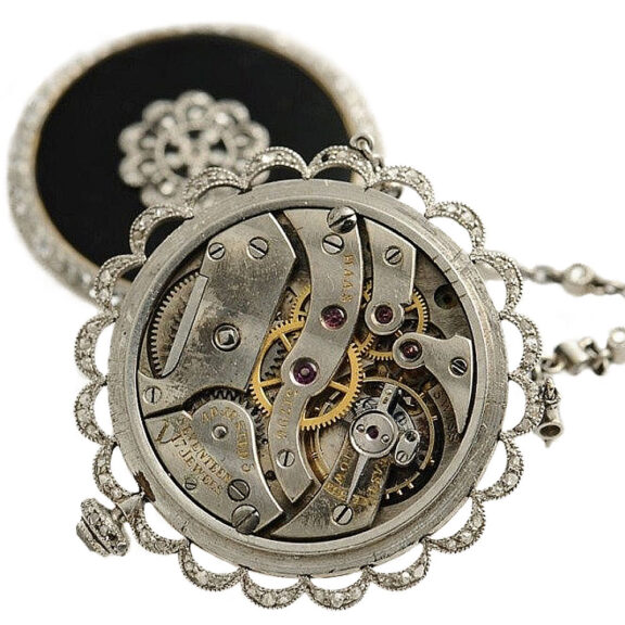 Swiss black enamelled diamond-set pendant watch Circa 1910 Swiss black enamelled diamond-set pendant watch Circa 1910