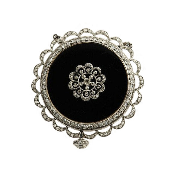 Swiss black enamelled diamond-set pendant watch Circa 1910 Swiss black enamelled diamond-set pendant watch Circa 1910