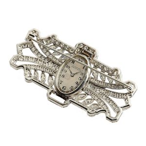Swiss diamond Art Deco platinum brooch watch Circa 1938