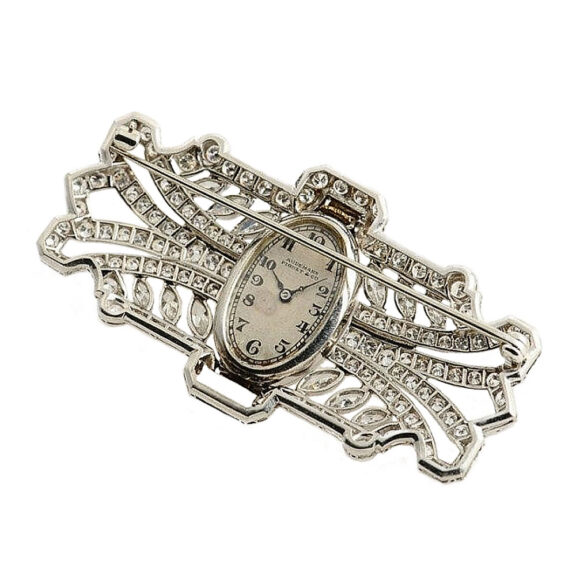 Swiss diamond Art Deco platinum brooch watch Circa 1938