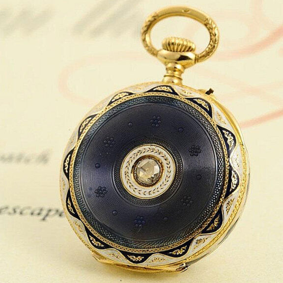Swiss very small gold enamel pendant watch Circa 1907 Swiss very small gold enamel pendant watch Circa 1907