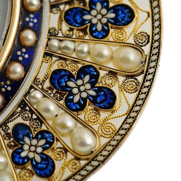 French pearl set gold enamel pendant with watch Circa 1820 French pearl set gold enamel pendant with watch Circa 1820