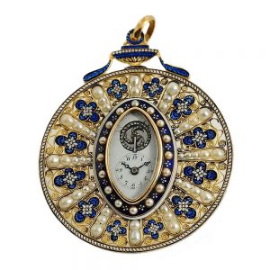French pearl set gold enamel pendant with watch Circa 1820