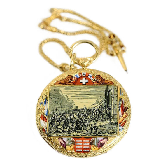 Exquisite Swiss gold commemoration watch with chain Circa 1844 Exquisite Swiss gold commemoration watch with chain Circa 1844