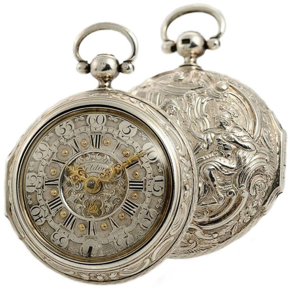 English silver pair cased repoussé verge watch Circa 1762 English silver pair cased repoussé verge watch Circa 1762