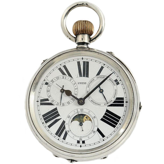 Swiss pocket watch with full calendar and moon phase Circa 1885 Swiss pocket watch with full calendar and moon phase Circa 1885