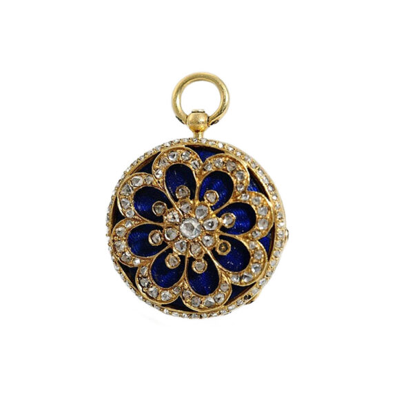 Swiss lady's miniature gold enamel pendant watch Circa 1840 Swiss lady's miniature gold enamel pendant watch Circa 1840