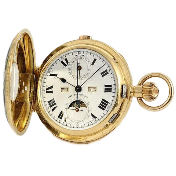 Swiss gold minute repeating calendar chronograph Circa 1900 Swiss gold minute repeating calendar chronograph Circa 1900